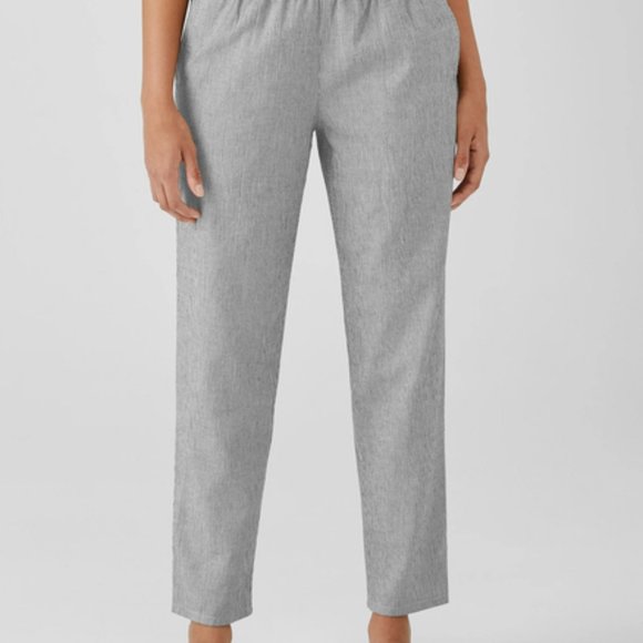 Eillen Fisher Black/Soft White Organic Cotton Linen Ticking Stripe Tapered Pant - Picture 1 of 6